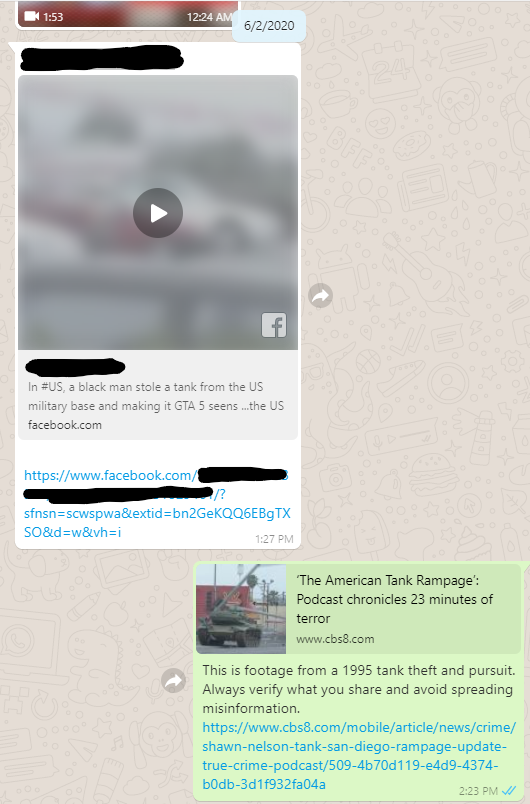 screen shot of a WhatsApp conversation. A relative shares a facecebook video with a misleading caption. andI respond with a link to the original news publisher.